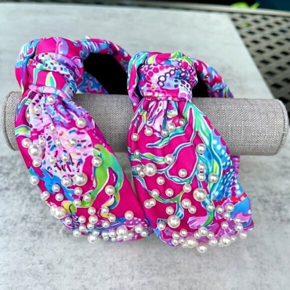 Palm Beach Raspberry Splash Pearl Knotted Headband - Picture 2 of 4